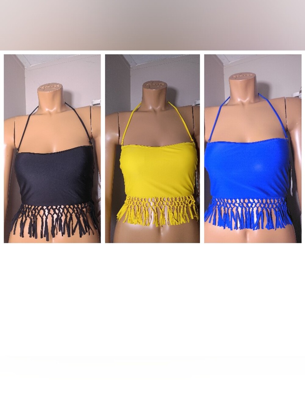 Raisins Fringe Halter One-Piece Swim Top - Black, Yellow, Blue‎